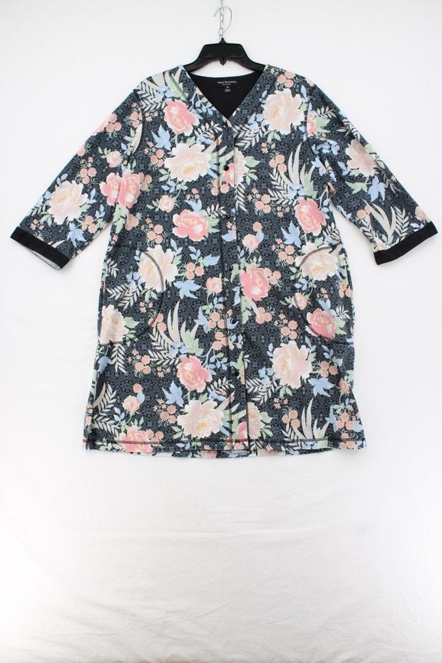 Miss Elaine House Coat Robe Medium Floral Print Snap Closure Cotton Blend Pocket